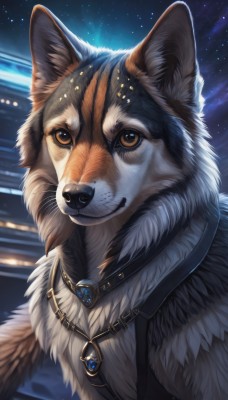 solo,looking at viewer,brown eyes,jewelry,upper body,outdoors,sky,artist name,necklace,no humans,night,animal,gem,star (sky),night sky,starry sky,dog,realistic,animal focus,fluffy,smile,closed mouth,signature,pendant