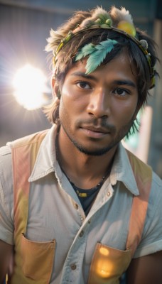 solo,looking at viewer,brown hair,shirt,black hair,hair ornament,1boy,brown eyes,jewelry,closed mouth,upper body,short sleeves,male focus,collared shirt,indoors,dark skin,necklace,blurry,black eyes,vest,lips,buttons,depth of field,blurry background,facial hair,dark-skinned male,feathers,blue shirt,beard,pocket,realistic,nose,mustache,feather hair ornament,very dark skin,dreadlocks,white shirt,leaf,sunlight,backlighting,light