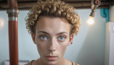 1girl,solo,looking at viewer,short hair,blue eyes,blonde hair,1boy,closed mouth,male focus,indoors,blurry,lips,eyelashes,depth of field,blurry background,portrait,freckles,curly hair,realistic,nose,brown hair,artist name,facial hair,beard,close-up,light bulb