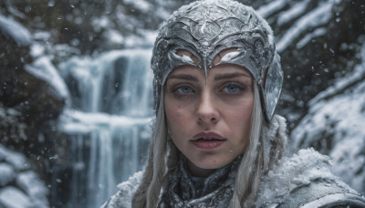 1girl, solo, long hair, looking at viewer, blue eyes, blonde hair, parted lips, armor, mole, blurry, lips, helmet, portrait, snow, freckles, snowing, realistic