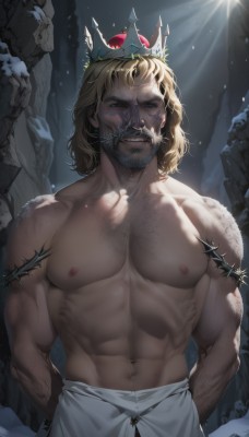 solo,looking at viewer,short hair,blue eyes,blonde hair,1boy,navel,nipples,upper body,male focus,pants,medium hair,stomach,muscular,facial hair,scar,arms behind back,abs,sunlight,crown,pectorals,muscular male,bara,beard,large pectorals,topless male,injury,light rays,mature male,realistic,mustache,manly,chest hair,navel hair,arm hair,smile,thorns