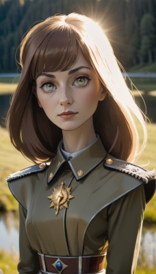 1girl,solo,long hair,breasts,looking at viewer,bangs,brown hair,long sleeves,brown eyes,closed mouth,jacket,upper body,outdoors,day,belt,medium hair,blurry,uniform,tree,lips,grey eyes,military,military uniform,blurry background,sunlight,freckles,epaulettes,nose,medal,blush,jewelry,earrings,artist name,eyelashes,depth of field,thick eyebrows,backlighting,pink lips,badge,military jacket