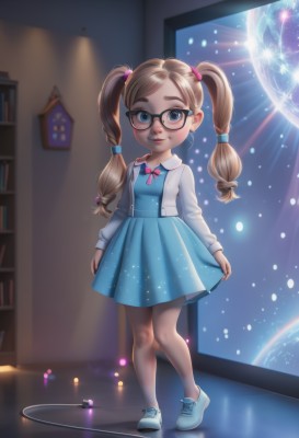 1girl,solo,long hair,looking at viewer,smile,blue eyes,blonde hair,brown hair,hair ornament,long sleeves,dress,bow,ribbon,twintails,standing,jacket,full body,open clothes,shoes,glasses,artist name,indoors,bowtie,lips,book,window,blue dress,standing on one leg,cardigan,pink bow,sneakers,child,freckles,black-framed eyewear,blue footwear,skirt hold,nose,hair tie,bookshelf,female child,white cardigan,skirt,blurry,blue skirt,blurry background,thick eyebrows,aged down,no socks