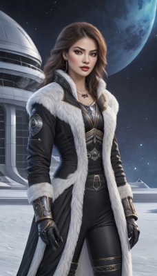 1girl,solo,long hair,breasts,looking at viewer,brown hair,gloves,brown eyes,jewelry,standing,earrings,open clothes,sky,black gloves,belt,pants,necklace,lips,coat,fur trim,makeup,night,black pants,moon,lipstick,star (sky),night sky,buckle,pendant,eyeshadow,starry sky,open coat,black coat,belt buckle,red lips,space,leather,planet,earth (planet),spacecraft,jacket,braid,tattoo,realistic