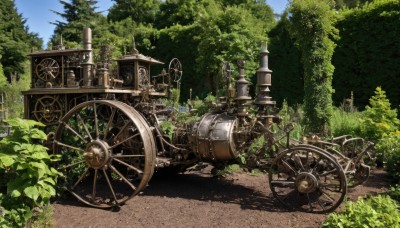 outdoors,sky,day,tree,blue sky,no humans,shadow,grass,plant,ground vehicle,nature,scenery,forest,road,gears,overgrown,bush,vehicle focus,wheel