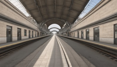 outdoors,sky,day,blue sky,no humans,window,sunlight,building,scenery,door,train station,railroad tracks,indoors,road,ceiling,hallway,ceiling light,vanishing point