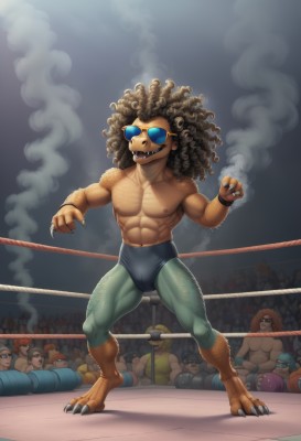 long hair,smile,open mouth,brown hair,1boy,navel,nipples,standing,full body,male focus,multiple boys,teeth,solo focus,artist name,dark skin,muscular,colored skin,fangs,thick thighs,abs,sunglasses,dark-skinned male,pectorals,sharp teeth,muscular male,goggles,claws,smoke,6+boys,curly hair,bulge,topless male,furry male,crowd,monster boy,wrestling outfit,wrestling ring,blue-tinted eyewear,black hair,collarbone,facial hair,watermark,wristband,beard,dancing,tinted eyewear,chest hair,leg hair,arm hair,talons,stage lights,afro