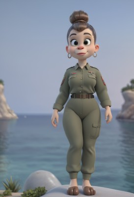 1girl,solo,looking at viewer,smile,brown hair,long sleeves,brown eyes,jewelry,closed mouth,standing,full body,earrings,outdoors,sky,belt,pants,water,hair bun,blurry,uniform,black eyes,military,military uniform,blurry background,single hair bun,thick eyebrows,furry,pocket,hoop earrings,rock,furry female,brown belt,breast pocket,green pants,breasts,short hair,shirt,small breasts,artist name,lips,makeup,buttons,lipstick,jumpsuit