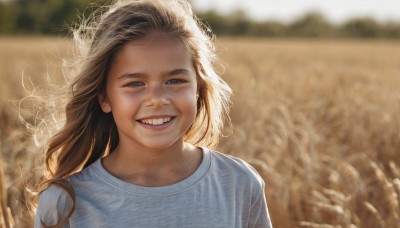 1girl,solo,long hair,looking at viewer,smile,open mouth,brown hair,shirt,white shirt,upper body,outdoors,teeth,day,grin,blurry,black eyes,lips,depth of field,blurry background,blue shirt,messy hair,realistic,horror (theme),brown eyes,sunlight,thick eyebrows,wind,portrait