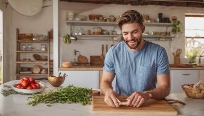 solo,smile,short hair,open mouth,brown hair,shirt,1boy,holding,closed eyes,upper body,short sleeves,male focus,food,teeth,day,indoors,blurry,window,fruit,blurry background,facial hair,table,blue shirt,knife,plant,t-shirt,facing viewer,beard,plate,bowl,realistic,mustache,basket,cooking,kitchen,tomato,vegetable,arm hair,counter,lettuce,cutting board,onion,scar,chair,bottle,carrot,bread,potato,salad