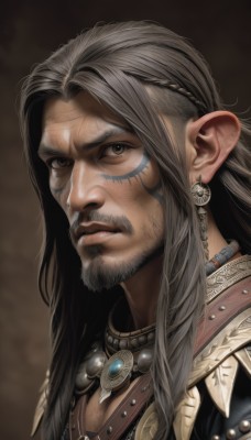 solo,long hair,looking at viewer,simple background,1boy,brown eyes,jewelry,closed mouth,upper body,braid,grey hair,male focus,earrings,pointy ears,necklace,tattoo,facial hair,facial mark,portrait,beard,brown background,realistic,mustache,manly,facial tattoo,hyur,brown hair,scar,elf,serious,facepaint