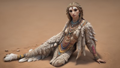 1girl,solo,long hair,breasts,looking at viewer,blue eyes,blonde hair,brown hair,hair ornament,jewelry,medium breasts,sitting,closed mouth,full body,earrings,parted lips,necklace,nail polish,armor,bracelet,lips,fingernails,makeup,arm support,feathers,brown background,circlet,yokozuwari,headdress,bracer,feather hair ornament,on ground,gem,realistic,forehead jewel,bodypaint,tribal