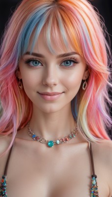 1girl,solo,long hair,breasts,looking at viewer,smile,bangs,blue eyes,blonde hair,cleavage,bare shoulders,jewelry,medium breasts,closed mouth,blue hair,collarbone,swimsuit,upper body,pink hair,bikini,multicolored hair,earrings,necklace,orange hair,two-tone hair,lips,eyelashes,makeup,gem,portrait,freckles,realistic,nose,mascara,large breasts,simple background,artist name,streaked hair,light smile,black background