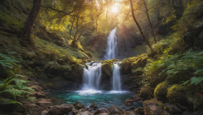 outdoors, day, water, tree, no humans, sunlight, nature, scenery, forest, light rays, rock, river, waterfall