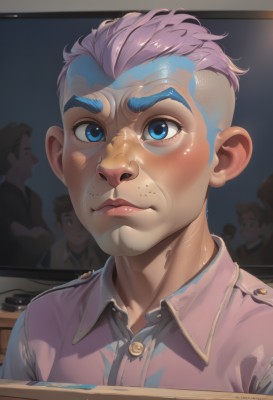 solo,looking at viewer,blush,short hair,blue eyes,shirt,1boy,closed mouth,blue hair,upper body,pink hair,male focus,multicolored hair,multiple boys,solo focus,shiny,collared shirt,artist name,indoors,lips,blurry background,thick eyebrows,portrait,freckles,pink shirt,realistic,nose,very short hair,undercut,television,monitor,1girl,bangs,blue shirt,mohawk