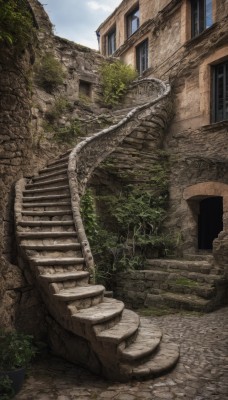 outdoors,sky,day,cloud,tree,blue sky,no humans,window,plant,building,scenery,stairs,ruins,statue,arch,moss,overgrown,stone stairs,potted plant,road,wall,house,street,stone wall