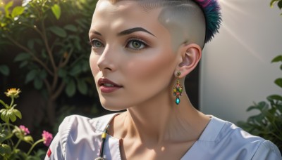 1girl,solo,short hair,shirt,black hair,brown eyes,jewelry,green eyes,white shirt,flower,multicolored hair,earrings,outdoors,parted lips,teeth,blurry,two-tone hair,lips,makeup,leaf,sunlight,plant,portrait,freckles,realistic,nose,very short hair,undercut,1boy,collarbone,male focus,necklace,eyelashes,mohawk