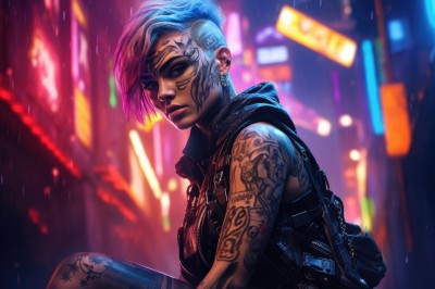 1girl,solo,breasts,looking at viewer,short hair,bangs,bare shoulders,jewelry,medium breasts,sitting,closed mouth,blue hair,upper body,weapon,pink hair,multicolored hair,earrings,outdoors,sleeveless,pants,hood,bag,blurry,vest,from side,two-tone hair,lips,gun,tattoo,makeup,depth of field,blurry background,piercing,backpack,hood down,ear piercing,rain,nose,arm tattoo,shoulder tattoo,undercut,facial tattoo,cyberpunk,neck tattoo,nose piercing,neon lights,cleavage,dark skin,dark-skinned female,night,facepaint,cyborg,mohawk,sleeveless hoodie