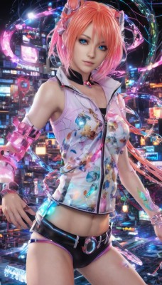 1girl,solo,long hair,breasts,looking at viewer,short hair,blue eyes,navel,jewelry,pink hair,cowboy shot,detached sleeves,shorts,sleeveless,choker,midriff,belt,artist name,signature,necklace,hair bun,nail polish,orange hair,bracelet,lips,see-through,short shorts,double bun,black shorts,zipper,science fiction,city,realistic,cyborg,hair ornament,headgear