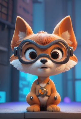 1girl,solo,looking at viewer,smile,short hair,open mouth,bangs,animal ears,brown eyes,jewelry,sitting,full body,parted lips,teeth,artist name,indoors,necklace,orange hair,blurry,flat chest,fox ears,window,:3,blurry background,fangs,watermark,happy,goggles,fox girl,child,web address,furry,freckles,goggles on head,animal hands,furry female,female child,body fur,white fur,straight-on,animal nose,snout,brown fur,two-tone fur,buck teeth,orange fur,signature,no humans