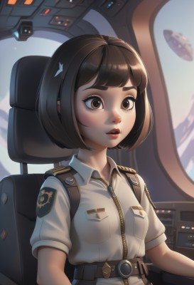 1girl,solo,breasts,short hair,bangs,brown hair,shirt,black hair,hair ornament,brown eyes,sitting,white shirt,upper body,short sleeves,small breasts,parted lips,teeth,hairclip,collared shirt,belt,artist name,signature,uniform,lips,military,military uniform,bob cut,thick eyebrows,zipper,freckles,pocket,aircraft,breast pocket,police,police uniform,policewoman,cockpit,blush,makeup,science fiction,nose,zipper pull tab,spacecraft