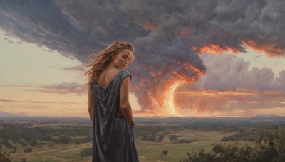 1girl,solo,long hair,blonde hair,brown hair,dress,standing,outdoors,sky,looking back,cloud,from behind,tree,lips,dutch angle,bird,cloudy sky,fire,nature,scenery,sunset,mountain,realistic,hands in pockets,fantasy,landscape,looking at viewer,bare shoulders,pointy ears,signature,wind