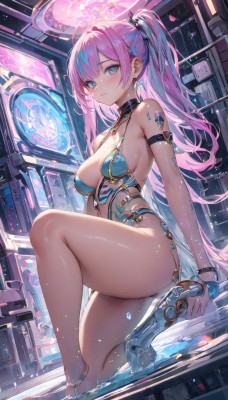 1girl,solo,long hair,breasts,looking at viewer,blush,bangs,blue eyes,large breasts,cleavage,bare shoulders,jewelry,medium breasts,sitting,closed mouth,blue hair,ponytail,pink hair,ass,ahoge,sidelocks,thighs,multicolored hair,earrings,barefoot,shiny,water,high heels,two-tone hair,leotard,streaked hair,legs,shiny skin,bare legs,tattoo,halo,revealing clothes,armlet,blue leotard,holding,twintails,very long hair,swimsuit,weapon,choker,indoors,holding weapon,collar,bracelet,from side,wet,gun,one-piece swimsuit,dutch angle,skindentation,hair intakes,holding gun,handgun,blue one-piece swimsuit,hoop earrings,prosthesis,barcode,skates,cyberpunk