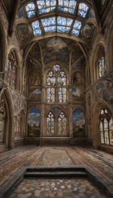 sky,day,cloud,indoors,blue sky,no humans,window,sunlight,cloudy sky,scenery,wooden floor,stairs,architecture,pillar,statue,stained glass,carpet,church,arch,column,candle,tile floor,floor,ceiling,chandelier,stone floor,vanishing point