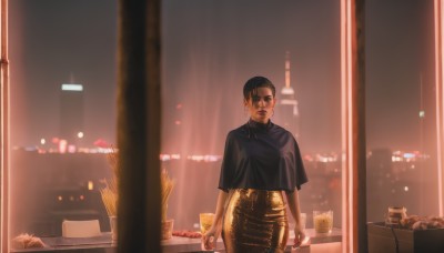 1girl,solo,looking at viewer,short hair,skirt,shirt,black hair,holding,jewelry,standing,cowboy shot,earrings,indoors,blurry,black eyes,cup,black shirt,window,night,blurry background,sunglasses,building,reflection,dress,closed mouth,bag,black dress,depth of field,handbag,city lights