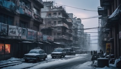 outdoors,sky,day,no humans,window,ground vehicle,building,scenery,motor vehicle,snow,snowing,city,sign,car,road,winter,power lines,street,utility pole,truck,real world location,weapon,multiple boys,gun,rifle,6+boys,cityscape,ruins,soldier,trash bag