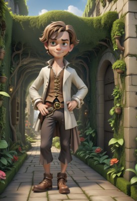 solo,looking at viewer,smile,short hair,blue eyes,brown hair,shirt,long sleeves,1boy,green eyes,standing,full body,flower,male focus,boots,outdoors,open clothes,sky,shoes,day,belt,pants,cloud,blue sky,coat,brown footwear,plant,child,freckles,hands on hips,door,male child,vines,jacket,weapon,artist name,tree,gun,building,handgun