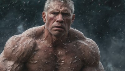 solo,looking at viewer,short hair,1boy,closed mouth,nipples,upper body,white hair,male focus,nude,muscular,facial hair,scar,pectorals,muscular male,bara,beard,scar on face,snow,large pectorals,veins,topless male,snowing,mature male,realistic,scar across eye,stubble,manly,old,chest hair,old man,wrinkled skin,outdoors,thick eyebrows,portrait,rain,sideburns