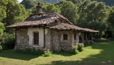 outdoors,sky,day,tree,blue sky,no humans,window,grass,plant,building,nature,scenery,forest,stairs,door,road,bush,wall,house,path,stone wall,rock,architecture