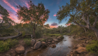 outdoors, sky, cloud, water, tree, blue sky, no humans, grass, nature, scenery, forest, sunset, rock, river, landscape