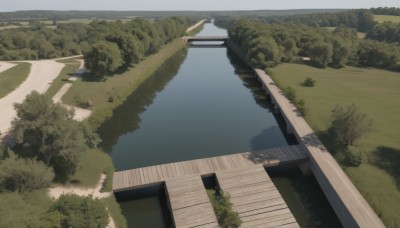 outdoors,sky,day,water,tree,no humans,shadow,grass,nature,scenery,forest,road,bush,bridge,river,landscape,path,plant,building,house