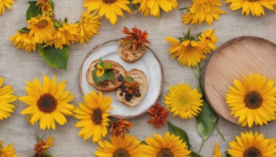 flower,outdoors,food,no humans,fruit,leaf,from above,plate,yellow flower,sunflower,food focus,still life,plant