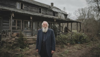 solo,looking at viewer,shirt,long sleeves,1boy,closed mouth,standing,jacket,white hair,male focus,outdoors,open clothes,day,pants,tree,coat,buttons,facial hair,black pants,building,scenery,beard,clenched hands,realistic,mustache,arms at sides,house,old,old man,jewelry,sky,artist name,necklace,scar,grass,cross,plant,scar on face,open coat,bare tree,blue coat,grey sky