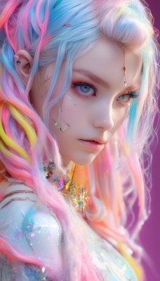 1girl,solo,long hair,looking at viewer,blue eyes,blonde hair,simple background,jewelry,closed mouth,blue hair,upper body,pink hair,white hair,multicolored hair,artist name,necklace,blurry,from side,lips,grey eyes,eyelashes,makeup,piercing,gem,ear piercing,portrait,eyeshadow,purple background,realistic,nose,eyeliner,mascara,earrings,expressionless,forehead