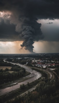 outdoors,sky,cloud,water,tree,no humans,cloudy sky,building,nature,scenery,forest,smoke,mountain,city,road,cityscape,river,landscape,ocean,horizon