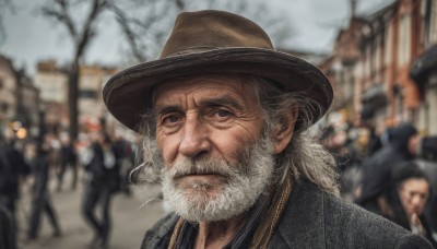 solo,looking at viewer,1boy,hat,brown eyes,closed mouth,upper body,white hair,grey hair,male focus,outdoors,solo focus,blurry,black eyes,tree,depth of field,blurry background,facial hair,portrait,beard,realistic,mustache,brown headwear,smoking,manly,old,old man,bare tree,crowd,jacket,multiple boys,sky,day,signature,dated,lips,grey eyes,scar,building,scar on face,6+boys,city,people