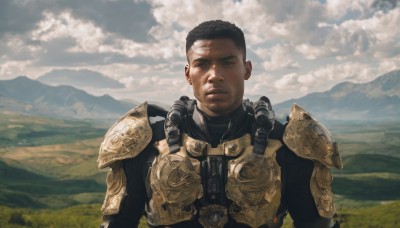 solo,looking at viewer,short hair,black hair,1boy,closed mouth,upper body,male focus,outdoors,sky,day,cloud,dark skin,armor,black eyes,dark-skinned male,cloudy sky,shoulder armor,pauldrons,breastplate,mountain,realistic,field,mountainous horizon,grass,scenery