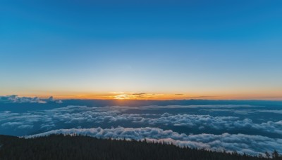 outdoors,sky,day,cloud,signature,tree,blue sky,no humans,sunlight,cloudy sky,nature,scenery,forest,sunset,mountain,sun,horizon,landscape,gradient sky,sunrise,ocean,grass