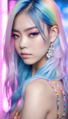 1girl,solo,long hair,looking at viewer,blue eyes,bare shoulders,jewelry,closed mouth,blue hair,upper body,pink hair,multicolored hair,earrings,necklace,black eyes,from side,two-tone hair,lips,looking to the side,grey eyes,eyelashes,makeup,gem,web address,eyeshadow,freckles,realistic,nose,eyeliner,mascara,rainbow hair,blonde hair,flower,artist name,gradient hair,watermark,portrait,pearl (gemstone)