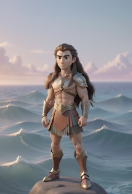 solo,long hair,looking at viewer,smile,brown hair,1boy,brown eyes,closed mouth,standing,full body,male focus,boots,outdoors,sky,artist name,cloud,water,armor,blurry,muscular,blurry background,ocean,abs,pectorals,muscular male,shoulder armor,pelvic curtain,clenched hands,pauldrons,circlet,mountain,bracer,loincloth,1girl,skirt,navel,nipples,sunset,horizon,vambraces,waves