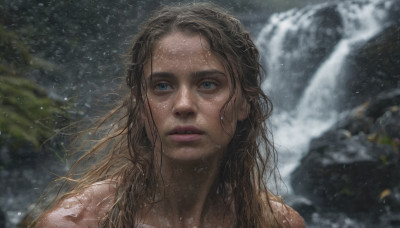 1girl, solo, long hair, blue eyes, brown hair, outdoors, parted lips, water, blurry, lips, wet, portrait, snow, freckles, realistic, nose, wet hair, waterfall