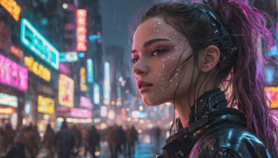 1girl, solo, long hair, looking at viewer, black hair, jewelry, upper body, ponytail, purple hair, earrings, outdoors, parted lips, solo focus, blurry, lips, eyelashes, makeup, night, blurry background, science fiction, rain, city, realistic, nose, android, cyborg, cyberpunk, neon lights