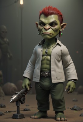 solo,looking at viewer,shirt,1boy,holding,jewelry,standing,full body,weapon,male focus,red hair,earrings,multiple boys,open clothes,solo focus,pointy ears,belt,pants,necklace,holding weapon,bracelet,open shirt,colored skin,piercing,skull,realistic,green skin,orc,goblin,blue eyes,jacket,yellow eyes,barefoot,muscular,scar,abs,aged down,child,male child,monster boy,mohawk,tusks