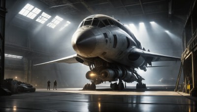 HQ,1boy,multiple boys,indoors,signature,military,window,sunlight,helmet,robot,scenery,mecha,reflection,science fiction,light rays,realistic,aircraft,military vehicle,airplane,light,vehicle focus,spacecraft,standing,from behind,ground vehicle,motor vehicle,sunbeam