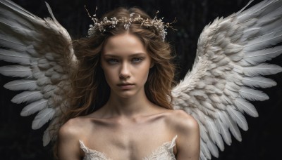 1girl,solo,long hair,looking at viewer,blue eyes,simple background,brown hair,hair ornament,dress,bare shoulders,collarbone,upper body,wings,white dress,mole,lips,tiara,black background,feathered wings,freckles,angel wings,realistic,white wings,angel,head wreath,breasts,cleavage,medium breasts,grey eyes,halo,expressionless,portrait