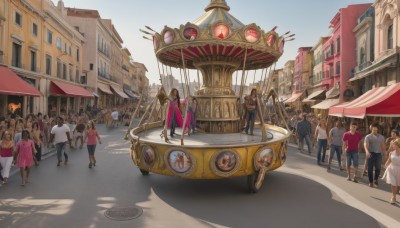 long hair,short hair,multiple girls,brown hair,dress,outdoors,multiple boys,sky,day,shadow,6+girls,formal,ground vehicle,building,scenery,motor vehicle,walking,6+boys,city,car,road,street,crowd,people,crosswalk,vehicle focus,real world location